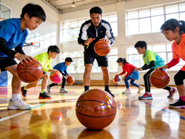 青少年体育课堂 - 学生们在专业教练指导下进行篮球基础训练