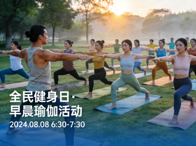 全民健身日早晨集体瑜伽活动现场 - 参与者在教练带领下练习