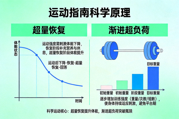 运动指南科学原理信息图 - 展示超量恢复、渐进超负荷等概念