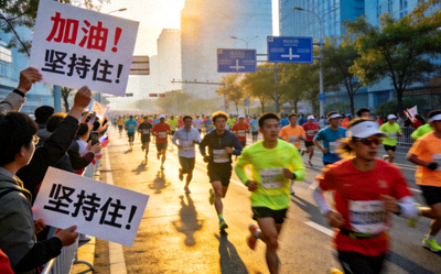 城市马拉松比赛现场，众多参赛者身着运动服在城市道路上奔跑，沿途市民加油助威