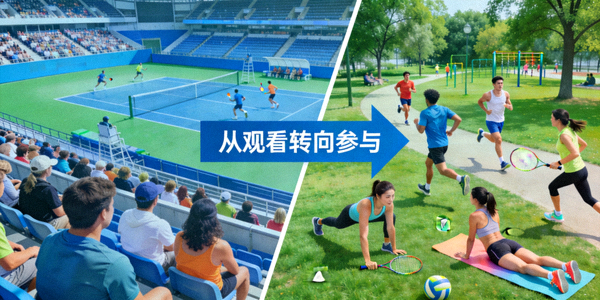 对比图：左边是体育场观众席，右边是人们在公园里积极参与各种运动的场景，箭头指向从观看转向参与