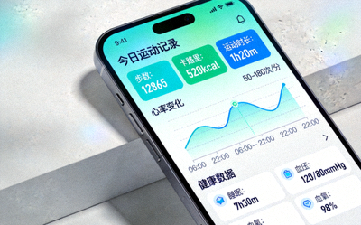 智能手机屏幕上显示着运动健康类App的界面，展示着运动记录和健康数据