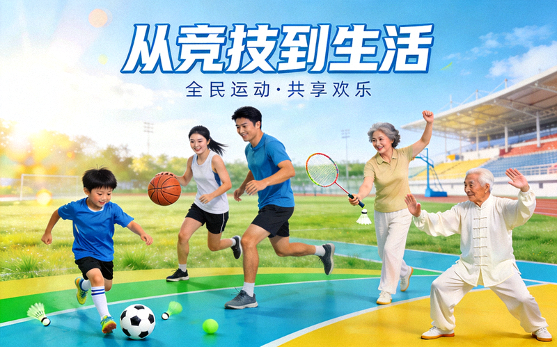 从竞技到生活主题横幅 - 不同年龄人群参与各类体育活动的欢乐场景