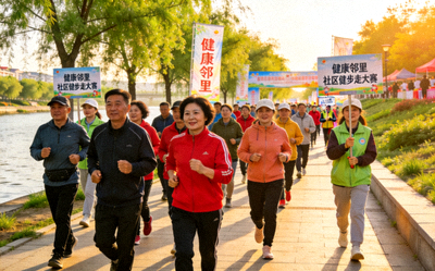 “健康邻里”社区健步走大赛活动现场 - 居民们沿河岸步道集体行走