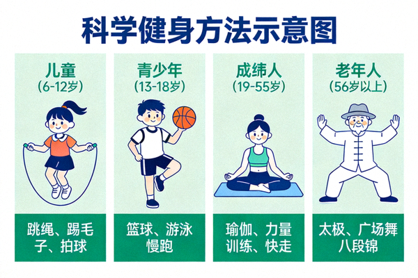 科学健身方法示意图 - 展示不同年龄人群适宜的运动方式