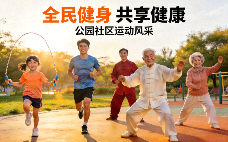 全民健身趋势专题横幅 - 不同年龄人群在公园社区快乐运动场景