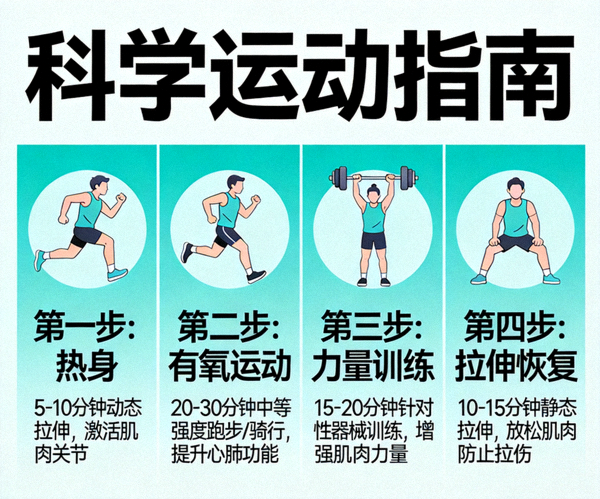 科学运动指南信息图 - 展示热身、有氧运动、力量训练和拉伸恢复的完整流程