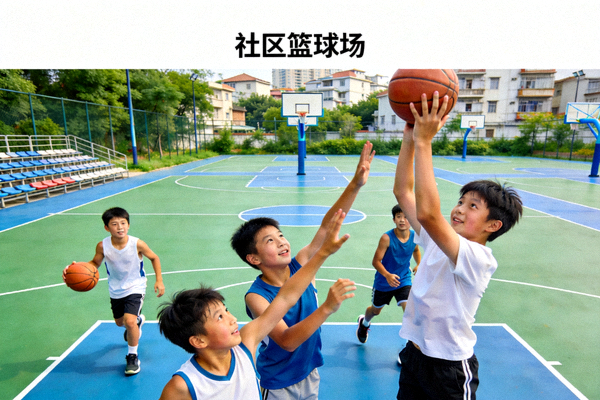 青少年在社区篮球场进行篮球训练和比赛 - 展示青少年体育培养与社区设施利用