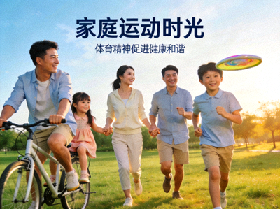 家庭共同参与户外运动的温馨场景 - 体育精神促进家庭健康与和谐