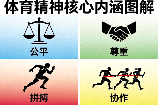 体育精神核心内涵图解 - 展示公平、尊重、拼搏、协作等关键词