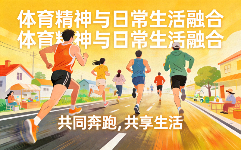 体育精神与日常生活融合概念图 - 运动员与普通人共同奔跑在象征生活的道路上