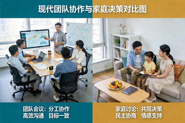 现代办公室团队协作与家庭共同决策的对比图 - 体现团队精神的应用