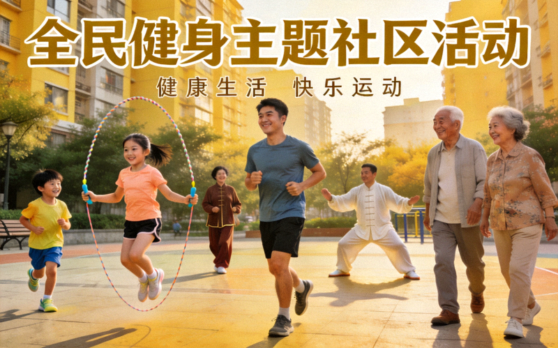 全民健身主题社区活动 - 不同年龄段人群参与体育锻炼的欢乐场景