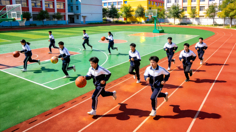 青少年体育活动场景 - 学生在校园内进行篮球和跑步训练