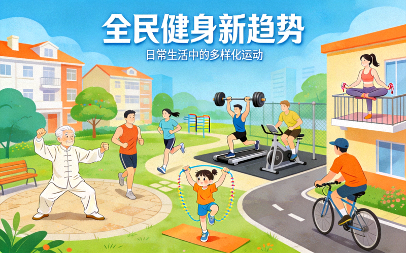 全民健身新趋势主题图 - 不同人群在日常生活中进行多样化运动