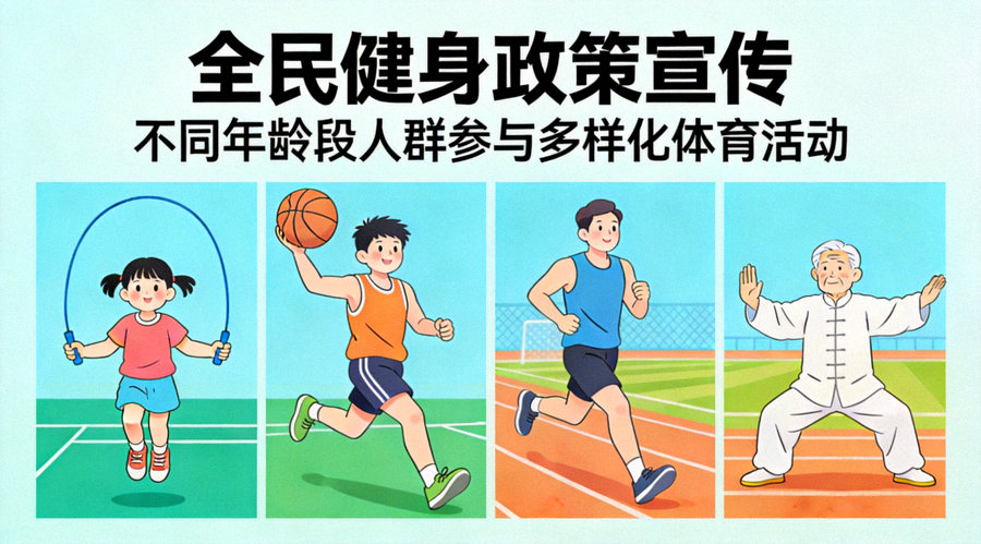 全民健身政策宣传图示 - 不同年龄段人群参与多样化体育活动