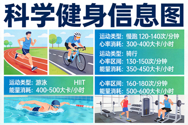 科学健身信息图 - 展示不同运动类型的心率区间与能量消耗