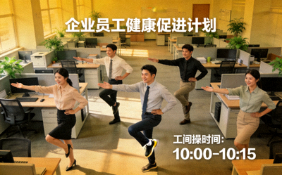 企业员工健康促进计划 - 上班族在办公室进行工间操锻炼