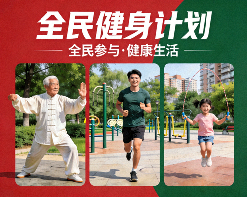 全民健身计划主题横幅 - 不同年龄人群在公园、社区健身的场景