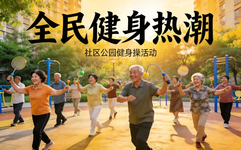 社区居民在公园集体进行健身操锻炼的欢乐场景 - 全民健身热潮