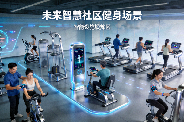 未来智慧社区健身场景构想图 - 居民使用智能设施锻炼