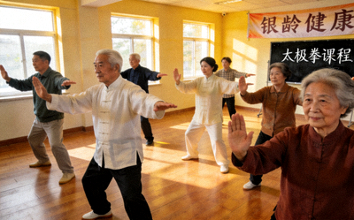 ‘银龄健康’太极拳课程 - 老年人在社区活动室学习太极拳