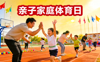 亲子家庭体育日活动 - 家长与孩子共同参与校园体育游戏，其乐融融