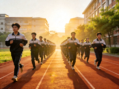 校园集体跑步活动 - 学生们在阳光下整齐列队进行晨跑锻炼