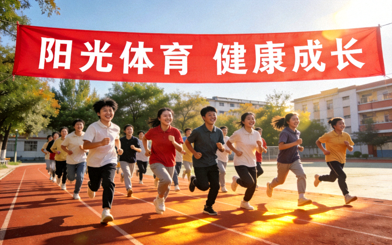 校园阳光体育活动横幅 - 学生们在操场上进行集体跑步锻炼的欢乐场景
