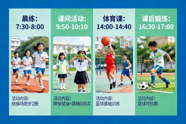 学生每日锻炼计划示意图 - 展示晨练、课间活动、体育课和课后锻炼的时间安排