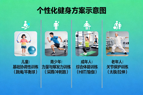 个性化健身方案示意图 - 展示不同人群对应的科学训练计划图表