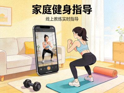 家庭健身指导 - 线上教练通过屏幕指导居家锻炼