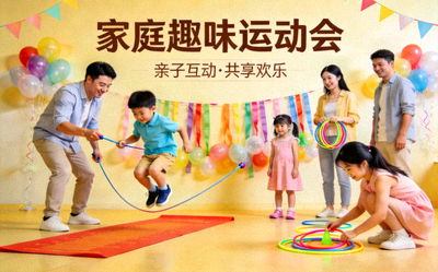 家庭运动会活动现场 - 父母与孩子共同参与趣味运动项目