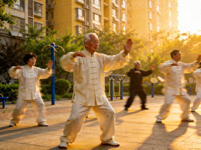 中老年健康活动 - 老年人在社区练习太极拳