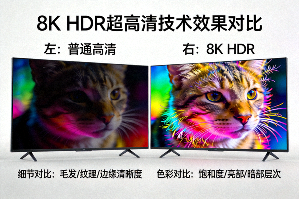 8K HDR超高清技术效果对比图 - 展示普通高清与8K HDR在细节与色彩上的巨大差异