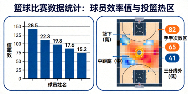 篮球比赛数据统计图表 - 球员效率值与投篮热区