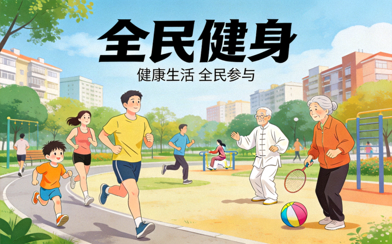 全民健身概念图 - 不同年龄段人群在公园、社区进行跑步、太极、球类等多样化健身活动