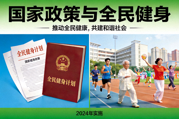 政策文件与意义展示图 - 象征国家政策的文件与全民健身活动场景结合