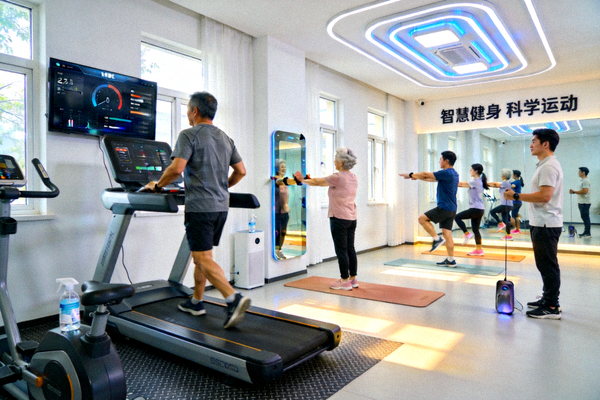 智慧社区健身中心内部实景 - 居民在不同功能区域进行锻炼
