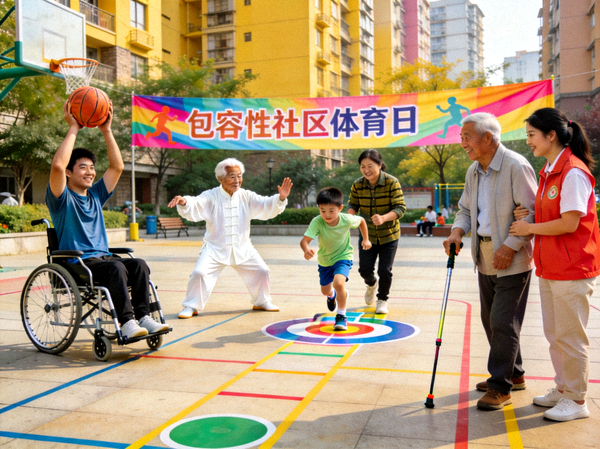 包容性社区体育日活动场景 - 不同能力、年龄、背景的居民一起参与适应性运动项目