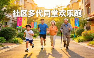 社区多代同堂趣味跑步活动场景 - 孩子、父母、老人共同参与欢乐跑