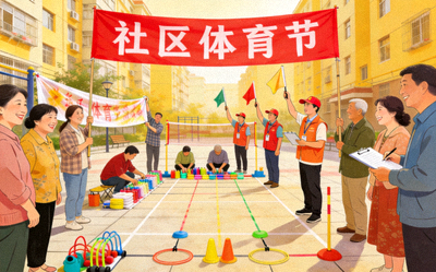 社区体育节志愿者协作场景 - 居民共同布置场地、担任裁判，体现互助精神