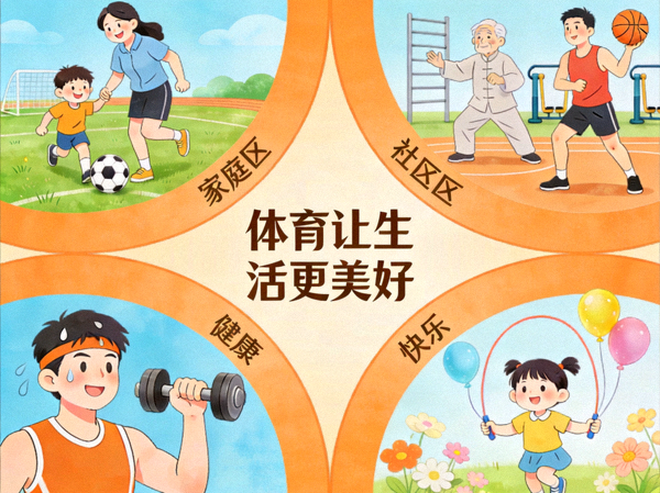 阐释‘体育让生活更美好’理念的创意图示 - 包含家庭、社区、健康、快乐等元素