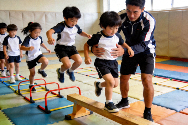 孩子们在专业教练保护下进行基础体能和敏捷性训练
