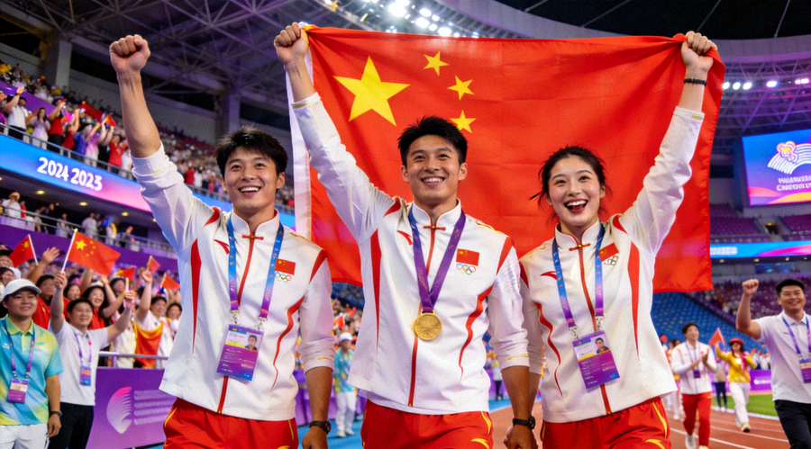 杭州亚运会中国代表团庆祝胜利 - 运动员们挥舞国旗