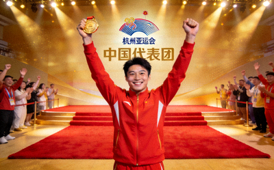 杭州亚运会中国代表团颁奖仪式 - 运动员手持金牌庆祝