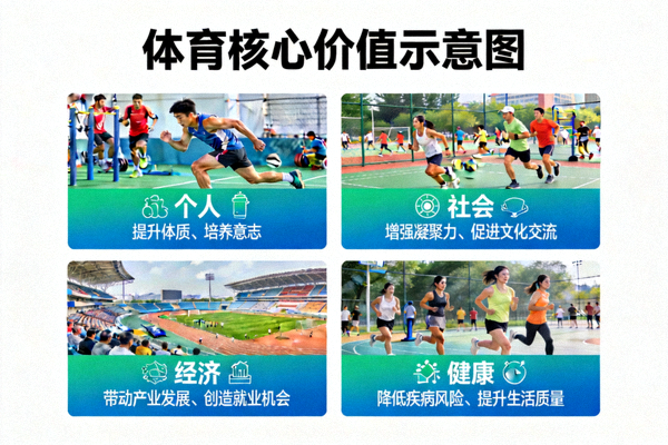 体育核心价值示意图 - 展示体育对个人、社会、经济、健康的多维度积极影响