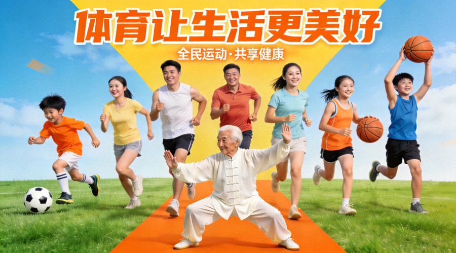 体育让生活更美好主题横幅 - 不同年龄段人群参与各类体育运动的欢乐场景