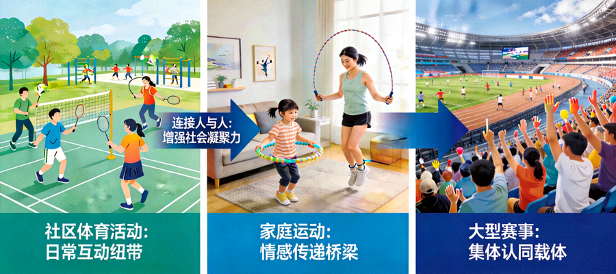 体育增强社会凝聚力示意图 - 描绘社区体育活动、家庭运动、大型赛事如何连接人与人