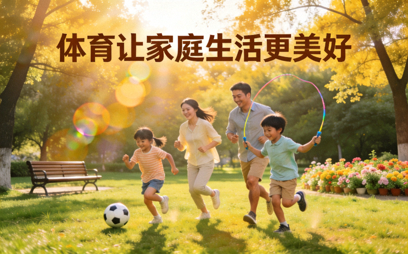 家庭在公园进行户外运动的欢乐场景 - 体育让家庭生活更美好
